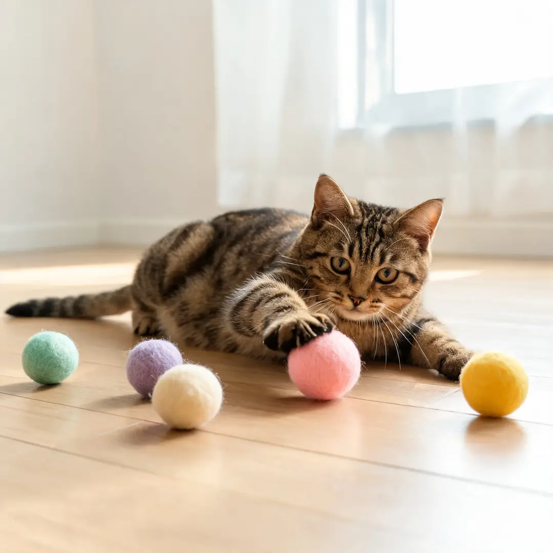 Gato atigrado acostado en el piso, jugando con una pelota de fieltro rosa entre otras pelotas pastel
