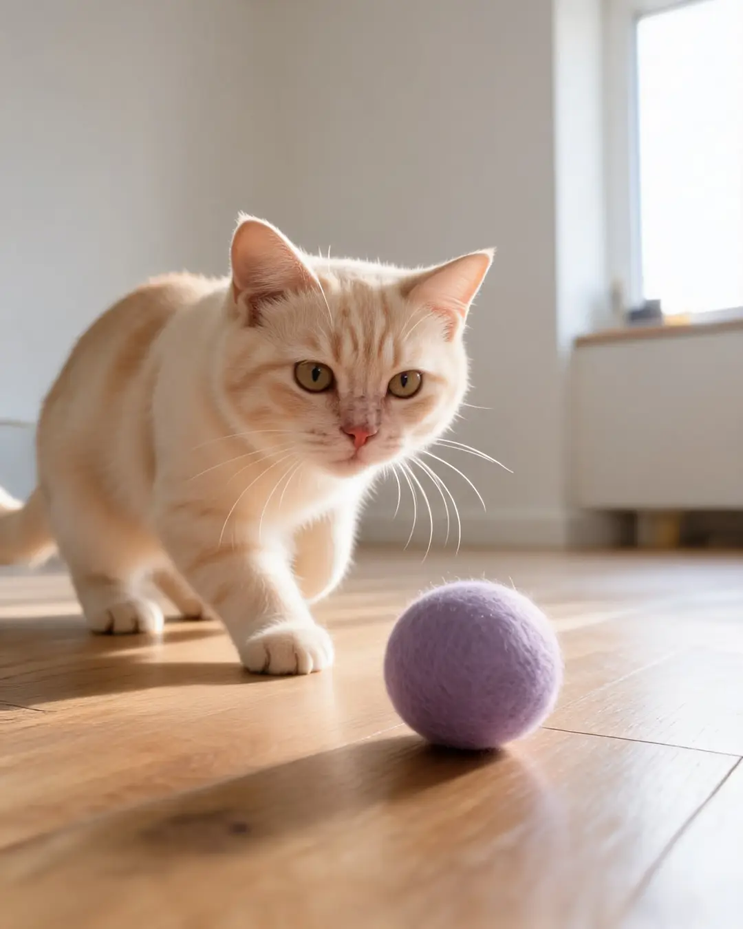 Un gato agazapado a punto de saltar sobre una pelota lila que rueda