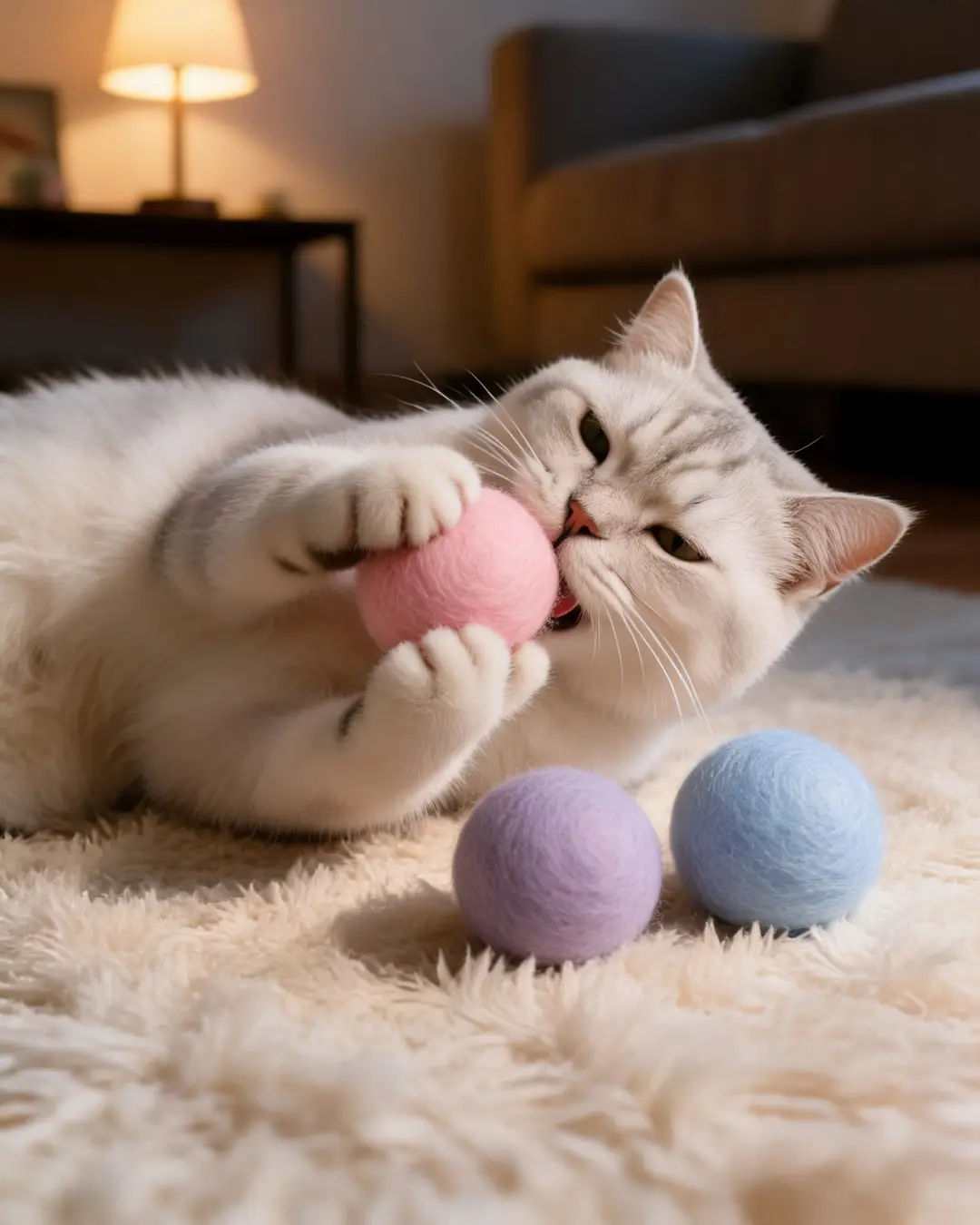 Un gato acostado en una alfombra mordisqueando una pelota de fieltro rosa